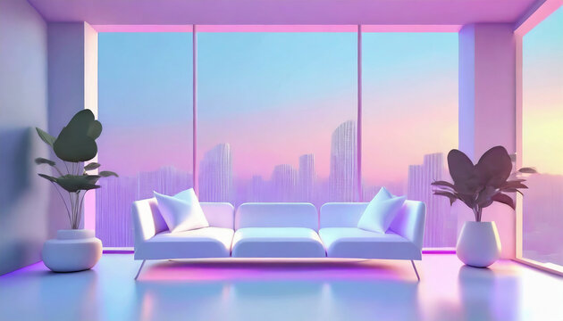 Uma sala ampla, realista, janela grande, cidade, pr&eacute;dios, sof&aacute;, plantas, minimalista, conceitual.