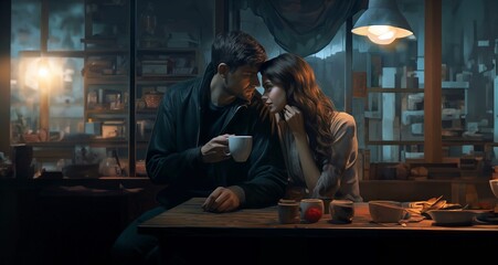 Fototapeta na wymiar A young couple in love sits in a cafe at night and drinks coffee, emotion of love