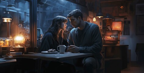 Obraz na płótnie Canvas A young couple in love sits in a cafe at night and drinks coffee, emotion of love