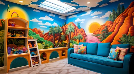 Vibrant and lively playroom with creatively painted walls, adding an element of fun to the children's space