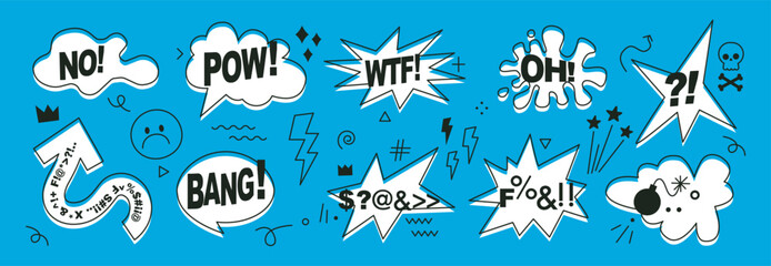 Set of hand drawn comic speech bubbles with swear words. Abstract anime icons, curses and skull. Swear words in text bubbles to express exclamation. Harsh mood. Banner, poster, sticker concept