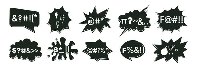 Set of hand drawn comic speech bubbles with swear words. Abstract anime icons, curses and skull. Swear words in text bubbles to express exclamation. Harsh mood. Banner, poster, sticker concept - 722132486