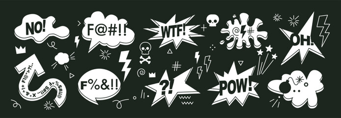 Set of hand drawn comic speech bubbles with swear words. Abstract anime icons, curses and skull. Swear words in text bubbles to express exclamation. Harsh mood. Banner, poster, sticker concept - 722132487