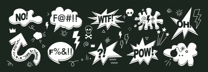 Fotobehang Set of hand drawn comic speech bubbles with swear words. Abstract anime icons, curses and skull. Swear words in text bubbles to express exclamation. Harsh mood. Banner, poster, sticker concept © Mariia