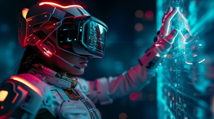 Astronaut in futuristic costume. Girl in glasses of virtual reality while touching air. Augmented reality game, future technology, AI concept. Dark background.   