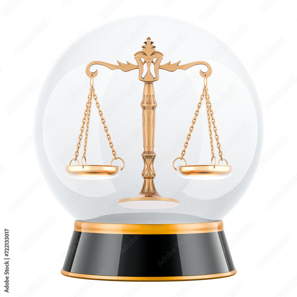 Poster crystal ball with scales of justice inside. 3d rendering isolated on transparent background