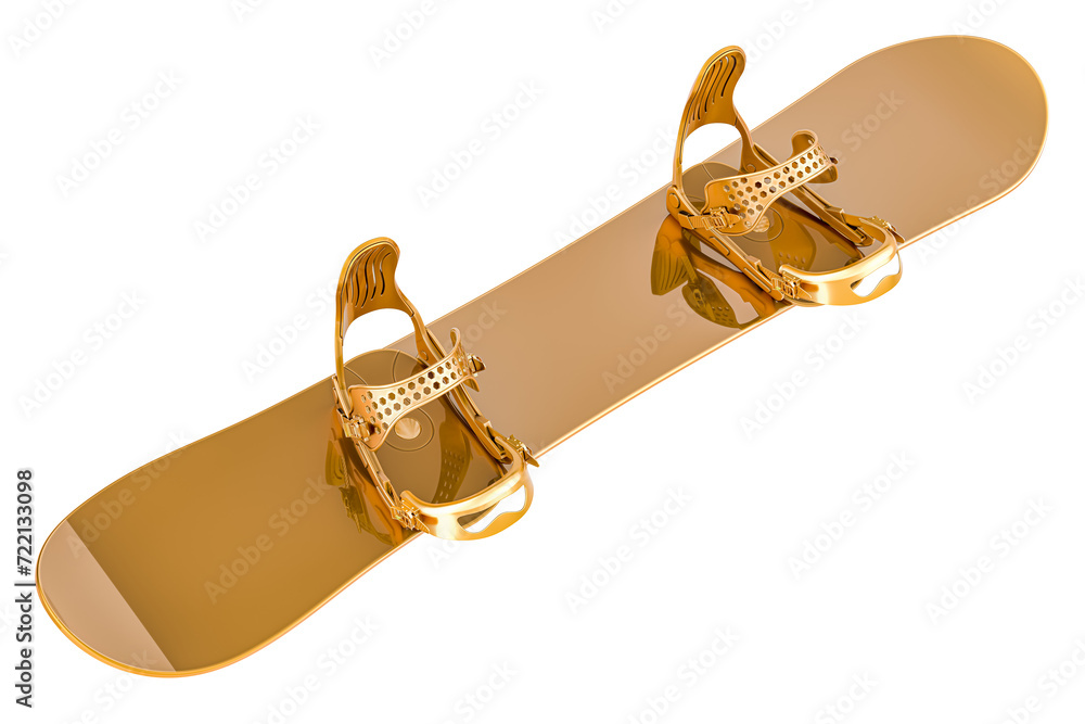 Poster golden snowboard with strap-in bindings, 3d rendering isolated on transparent background