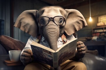 Cute smart cartoon elephant in glasses with a cup of tea reading book or study with a place for...