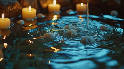 beautiful water and candles spa and wellness composition shoot in extreme slow motion    