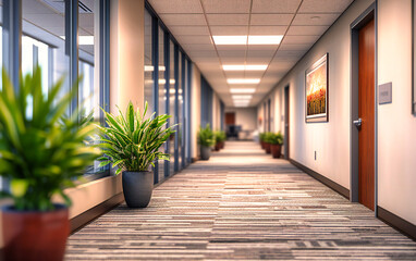 Long, Empty Corridor with Modern Design, Featuring White Walls and a Stylish, Clean Business or Office Environment
