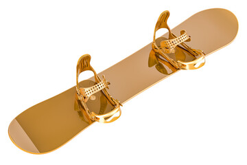 Golden Snowboard with strap-in bindings, 3D rendering isolated on transparent background - obrazy, fototapety, plakaty