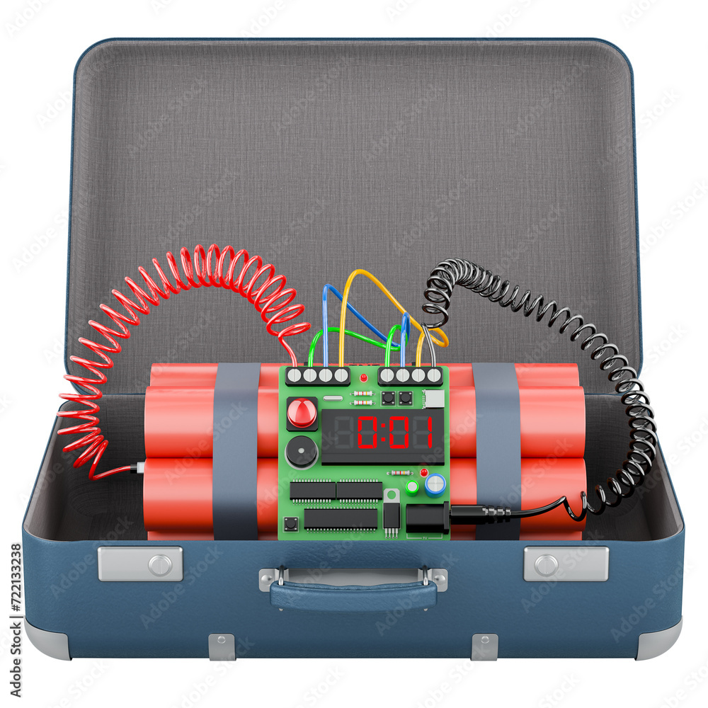 Poster tnt bomb explosive inside suitcase, 3d rendering isolated on transparent background