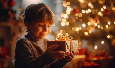 Young kid receiving a gift for christmas, christmas present for children, child with present in hands, christmas tree in the background, happy kid during christmas, Generative AI