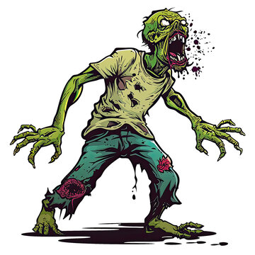 a zombie monster in action cartoon illustration, Halloween, isolated on transparent on white background