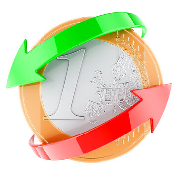 Transfer, exchange or conversion of euro, concept. Euro coin with red and green arrows around, 3D rendering isolated on transparent background