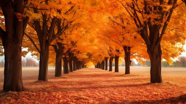 Vibrant autumn leaves on a tree-lined path, creating a picturesque fall scene
