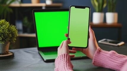 Close up woman using smartphone green screen on the table with laptop computer Chromakey. Close up shot of woman's hands holding mobile phone swiping scrolling green screen..    - obrazy, fototapety, plakaty