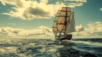 vintage photo of a victorian pirate boat on smooth waves, generated with AI