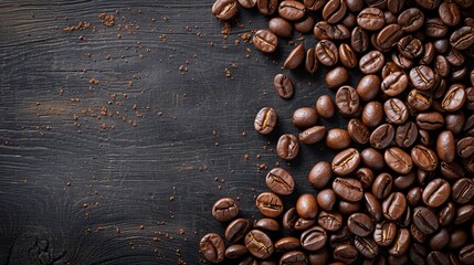 Banner of coffee beans. On a black wooden background, generated with AI