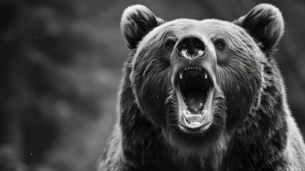 Angry bear portrait and forest, black and white photography, generated with AI