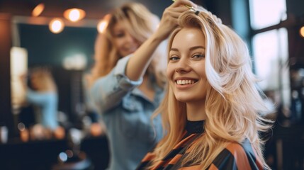 blond woman in a chic salon environment, surrounded by stylish décor, while receiving a haircut, conveying a sense of elegance and sophistication. 