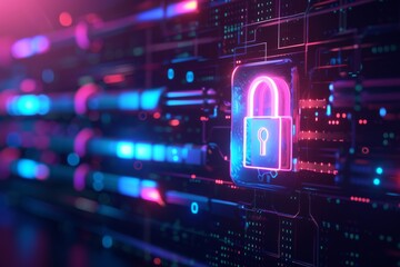 Fototapeta premium Cybersecurity firewall, chip, cyber protection, lock blue, minimalist, icon neon hologram, generated with AI