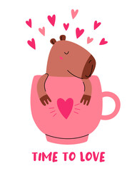 Valentine day card. Cute lovely capybara in cup. Time to love.