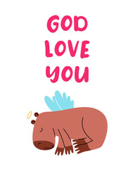 Valentine day card. Cute lovely capybara in cup. God love you.