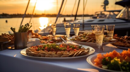 a Greek taverna food setting with a variety of dishes served outside, creating an atmosphere of a delightful evening feast by the sea - obrazy, fototapety, plakaty