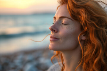 Serene auburn woman with closed eyes enjoying a seaside breeze at sunset, with soft focus background. Created with Generative AI - obrazy, fototapety, plakaty