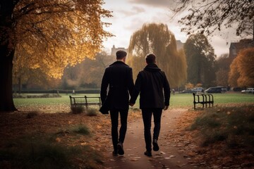 Couple of multi ethnic men walking in the park rare view, lgbt concept. No faces. Happy young gay couple enjoying a walk in the park together during a date. Lgbt couple concept. View from the back