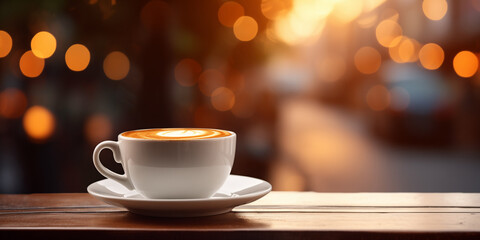 Obraz premium Cup of coffee on blurred city background