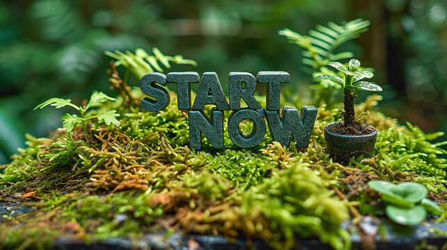 words start now on green ground in the forest
