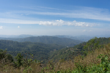 Expansive view of a mountain range under a clear blue sky