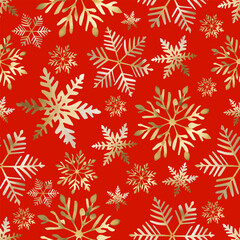 Christmas festive seamless pattern with gold snowflakes on red background