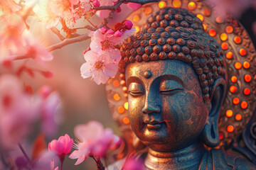 glowing golden buddha with glowing colorful halo around head  and lotuses, with cherry blossom in nature background