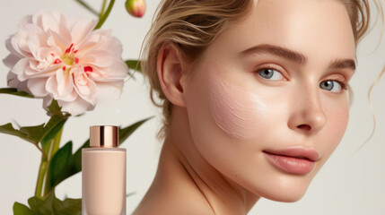 woman with beauty product make-up foundation and flower