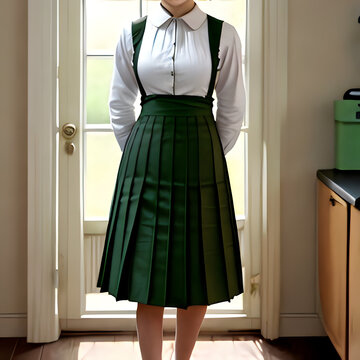 Plain dark green pleated pinafore dress with a long pleated skirt. plain white blouse with .long sleeves, fashion model, mock up, dress, shirt, blouse, skirt