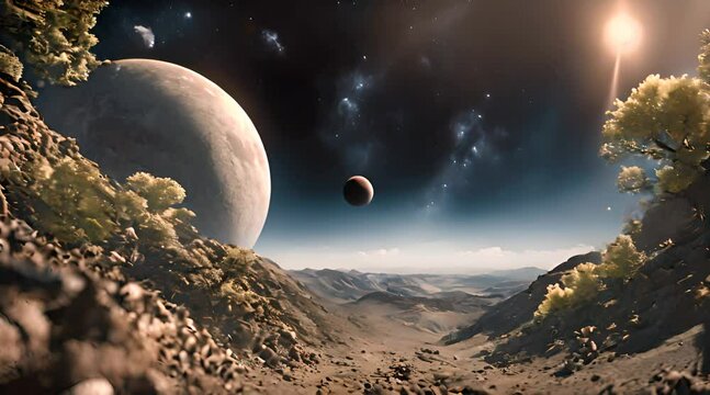 Alien mystery imagined planet view. Fantasy alien view with moons. AI generated video. Star shines on Alien planet. mysterious world in faraway galaxy. HD
