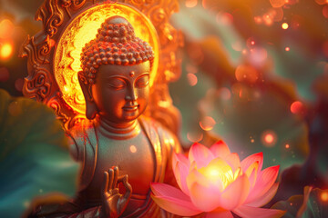 golden buddha with glowing colorful halo around head  and lotuses, in nature background - obrazy, fototapety, plakaty