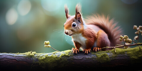 Eurasian red squirrel (Sciurus vulgaris) sitting on a branch