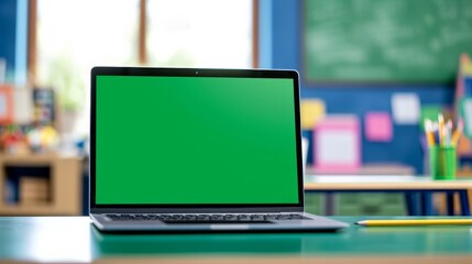 Laptop computer green blank empty mockup screen on school desk with elementary junior children students in classroom background. Education software website technology ads concept.   