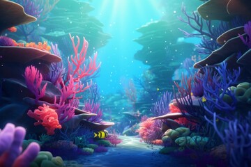 Naklejka na ściany i meble Underwater scene with corals and fish. 3d illustration.