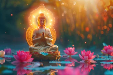 Rolgordijnen golden buddha with glowing colorful halo around head  and lotuses, in nature background © Kien