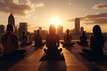 Group yoga class on the roof of a building in the sun. Generated by artificial intelligence