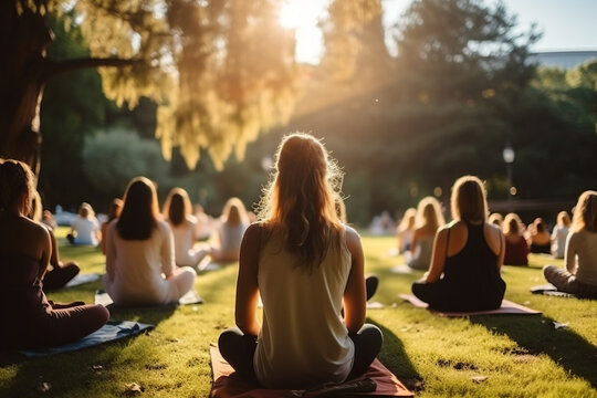 Rear view of women doing yoga in a park on the grass. Generated by artificial intelligence