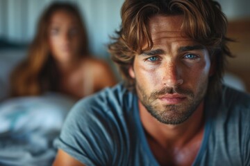 handsome model man, perfect skin, sadly sitting on the edge of the bed, looking down, in the background a woman is looking at him - obrazy, fototapety, plakaty