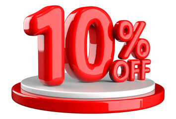 10 percent off sale discount red number with podium display 3d render