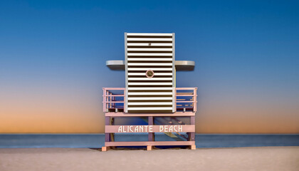 Colorful life guard tower on the Mediterranean beach of San Juan in Alicante, Spain. - obrazy, fototapety, plakaty