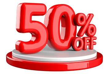 50 percent off sale discount red number with podium display 3d render